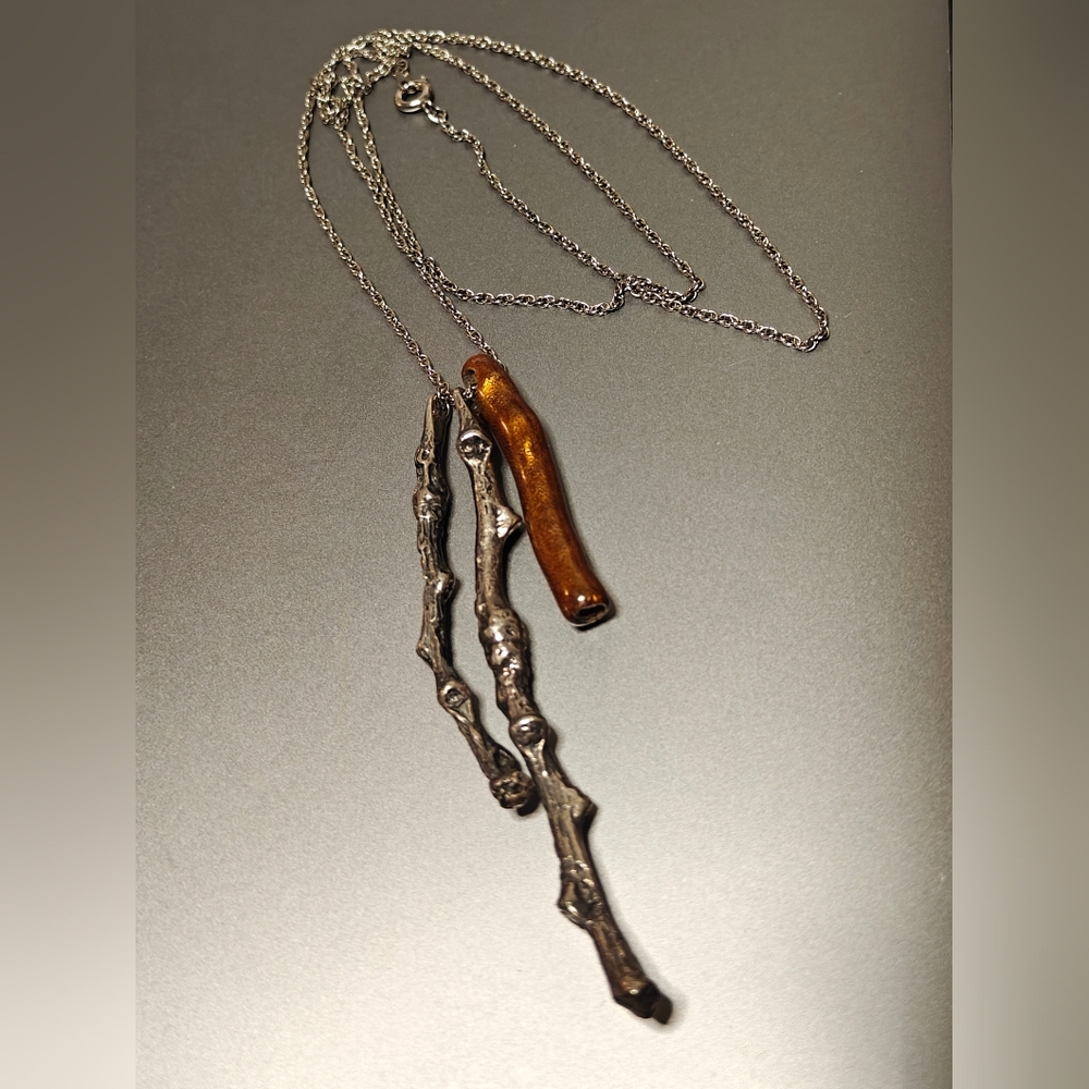 Handmade Oxidized Silver 925 & Gold Lacquer Coral Twig Branch Pendants Necklace - Picture 6 of 12